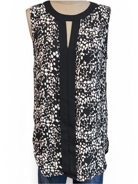 Vince Camuto Black Cream and Pink Printed Keyhole Tunic Size M
